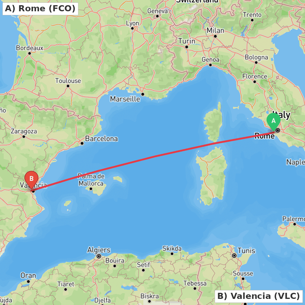 Flight route map from Rome to Valencia