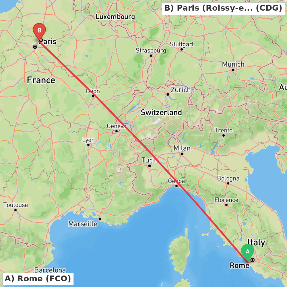 Flight route map from Rome to Paris (Roissy-en-France, Val-d'Oise)