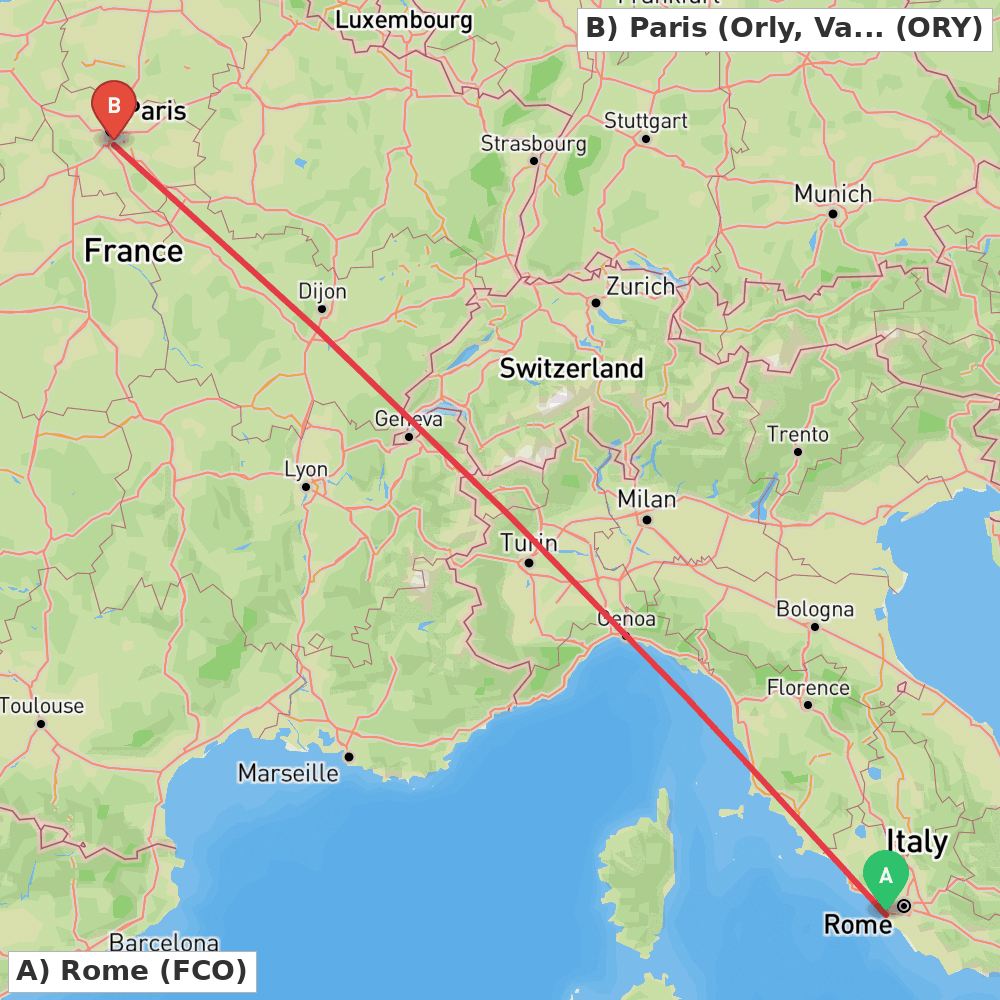 Flight route map from Rome to Paris (Orly, Val-de-Marne)