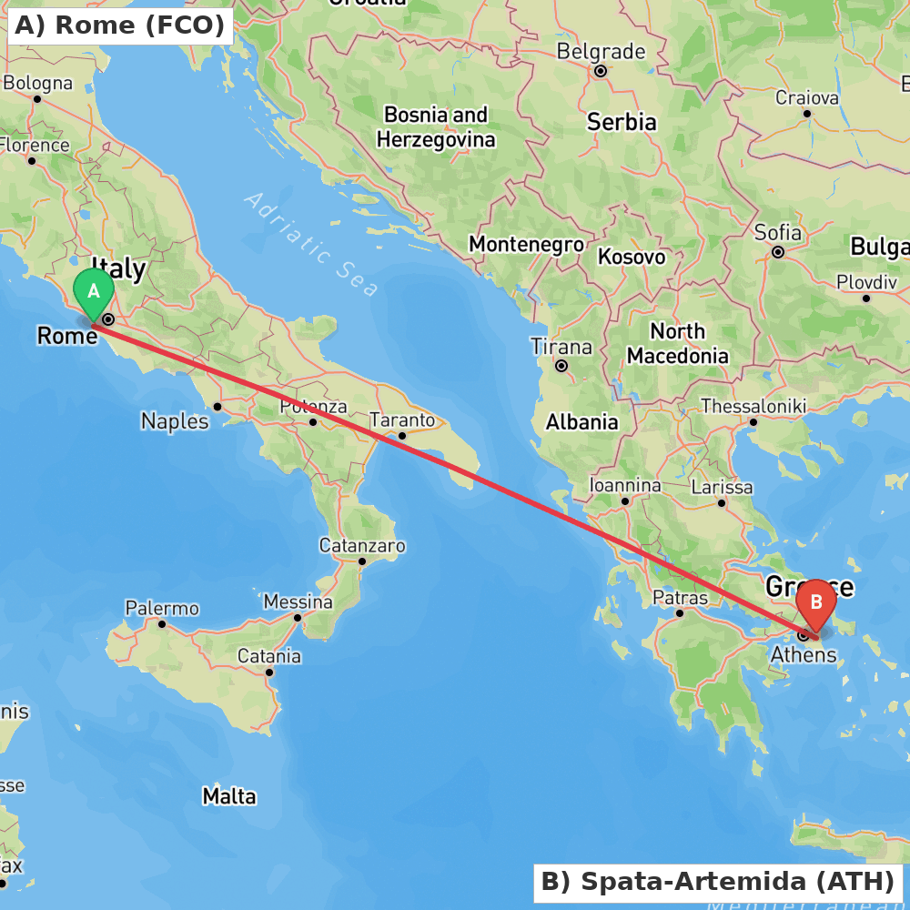 Flight route map from Rome to Spata-Artemida