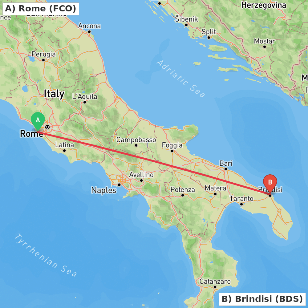 Flight route map from Rome to Brindisi