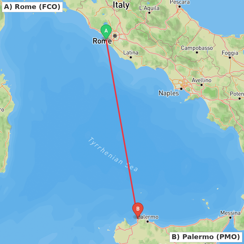 Flight route map from Rome to Palermo