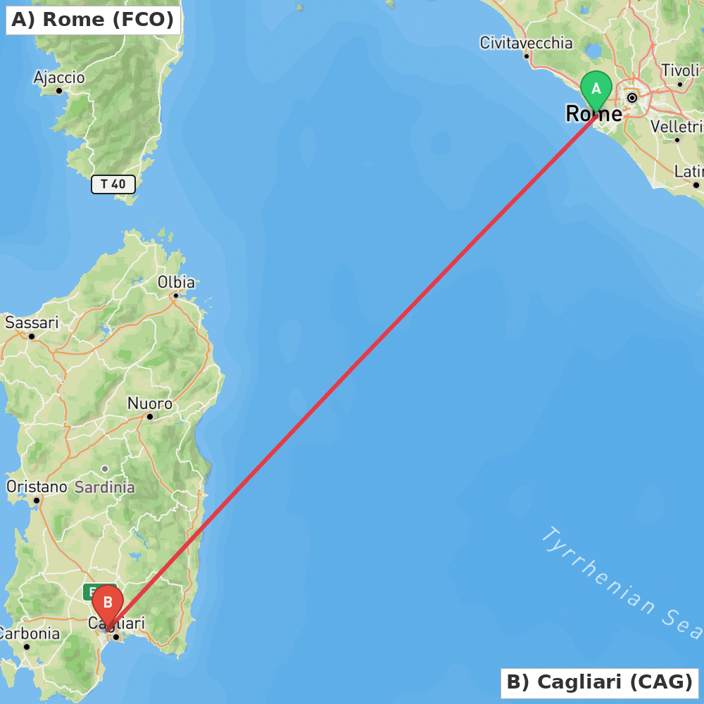 Flight route map from Rome to Cagliari