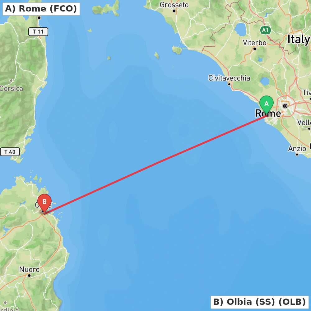 Flight route map from Rome to Olbia (SS)