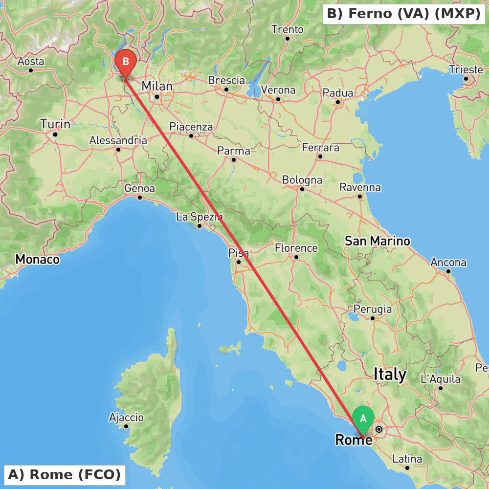 Flight route map from Rome to Ferno (VA)