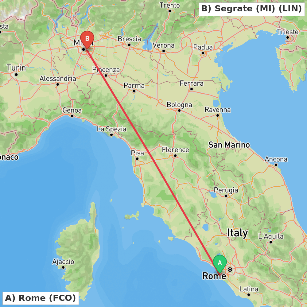 Flight route map from Rome to Segrate (MI)