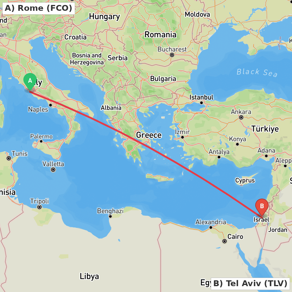 Flight route map from Rome to Tel Aviv