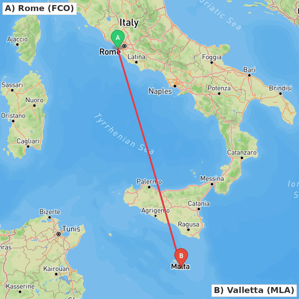 Flight route map from Rome to Valletta