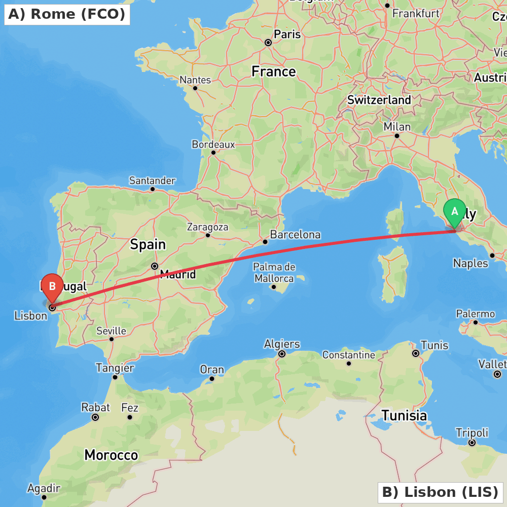Flight route map from Rome to Lisbon