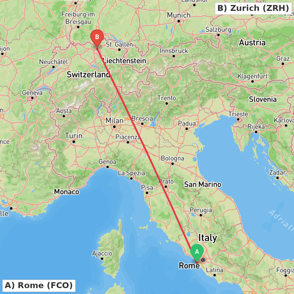 Flight route map from Rome to Zurich