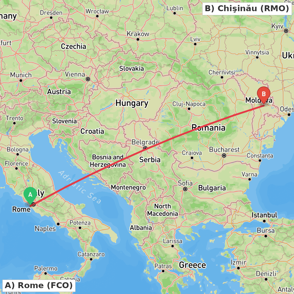 Flight route map from Rome to Chişinău