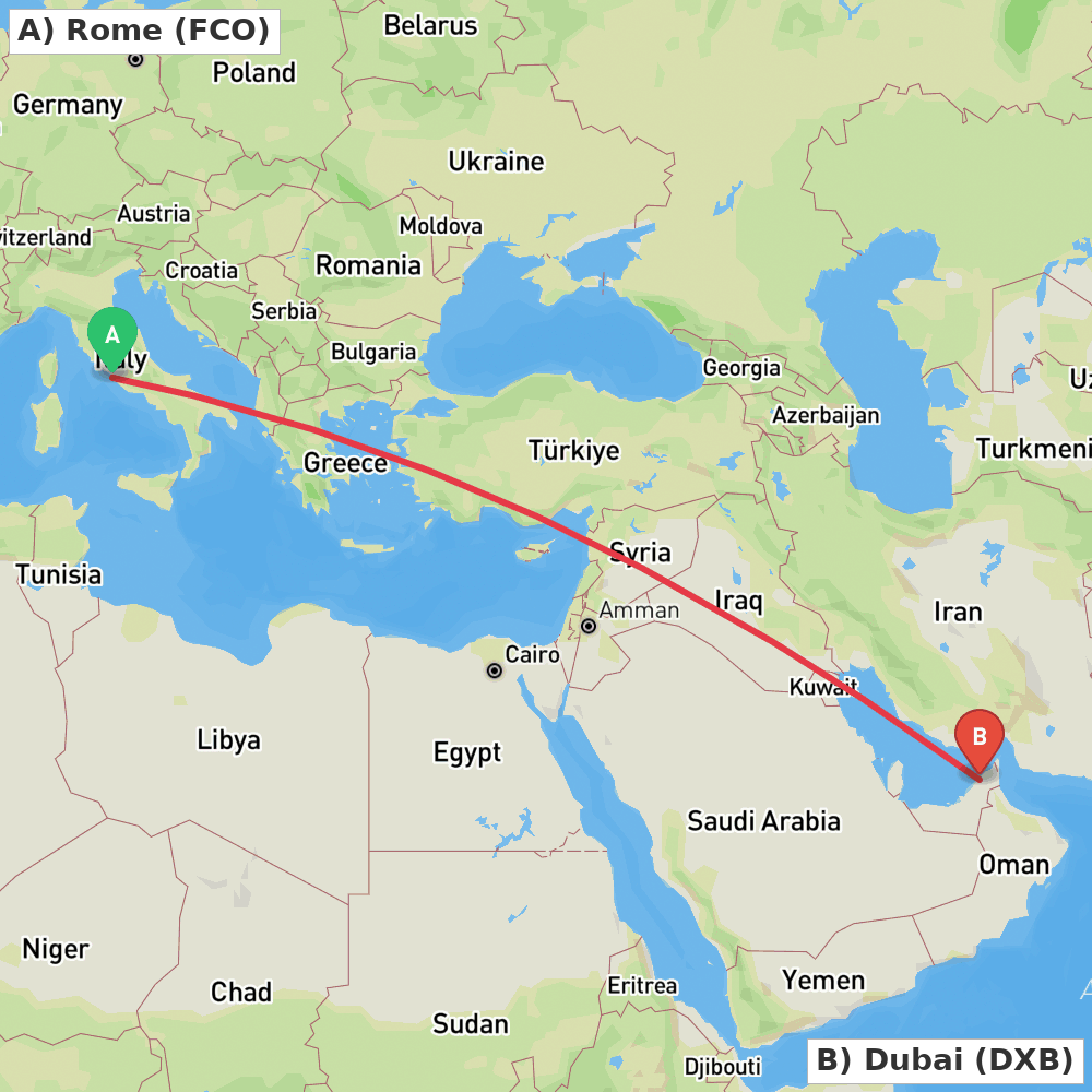 Flight route map from Rome to Dubai