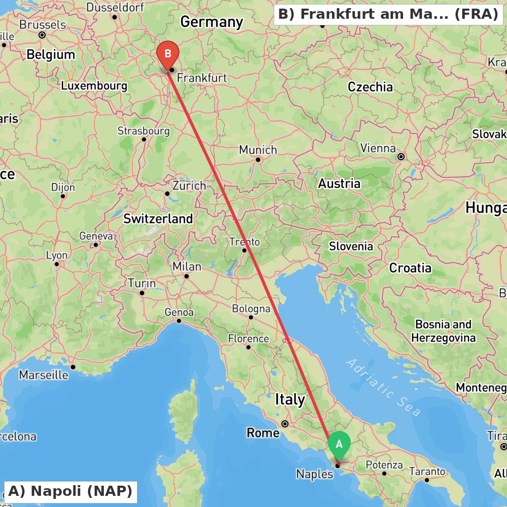 Flight route map from Napoli to Frankfurt am Main