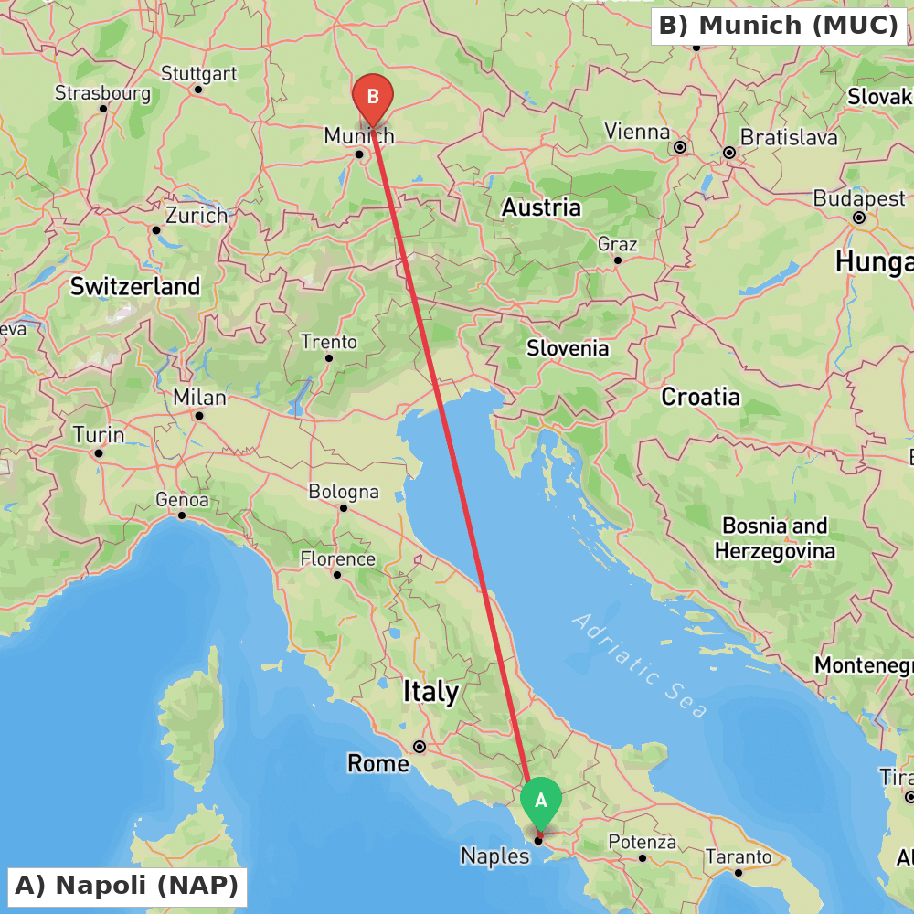 Flight route map from Napoli to Munich