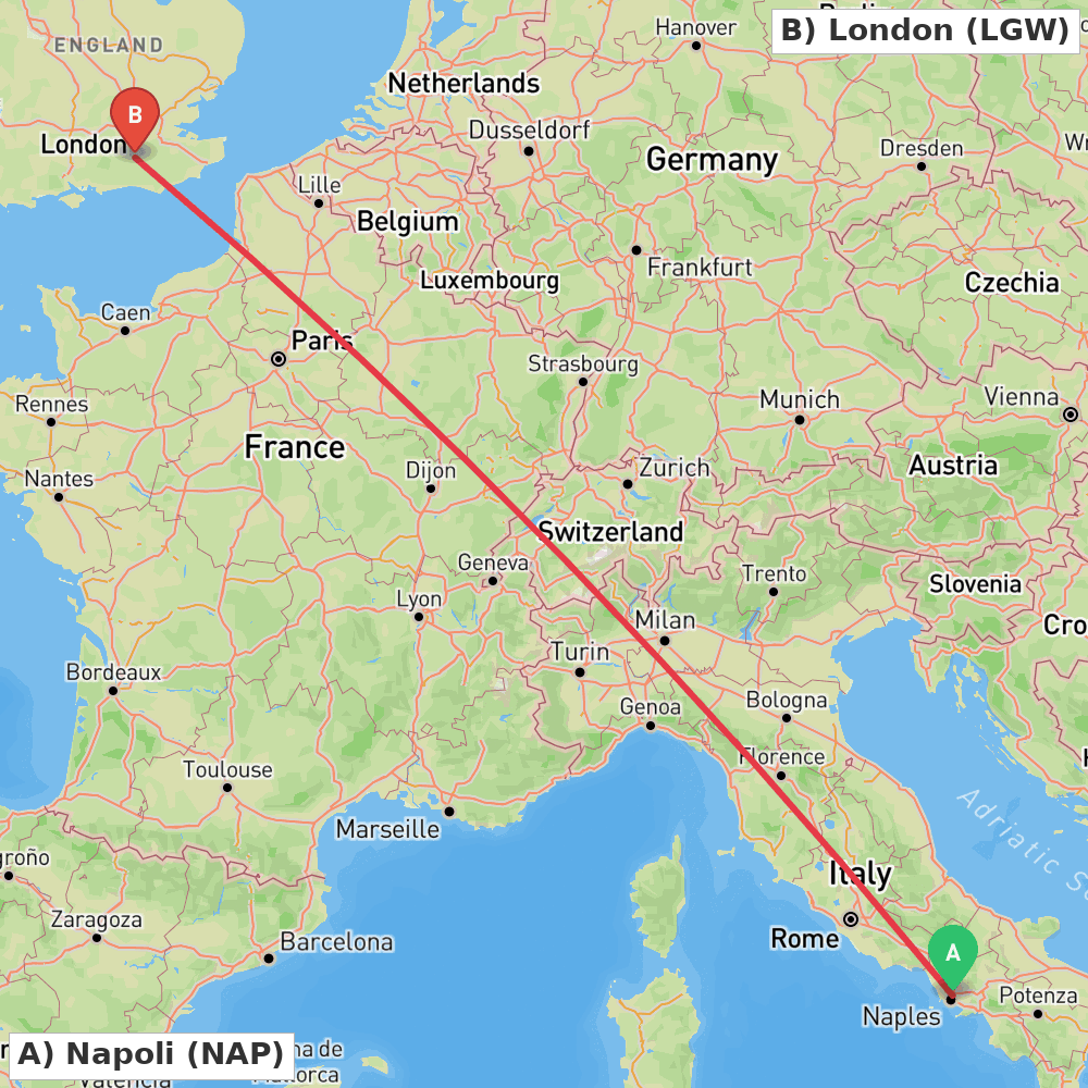 Flight route map from Napoli to London