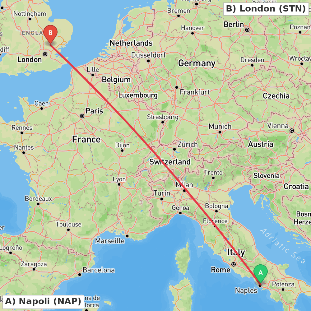 Flight route map from Napoli to London