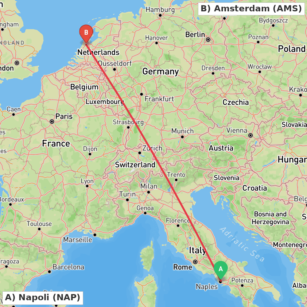 Flight route map from Napoli to Amsterdam