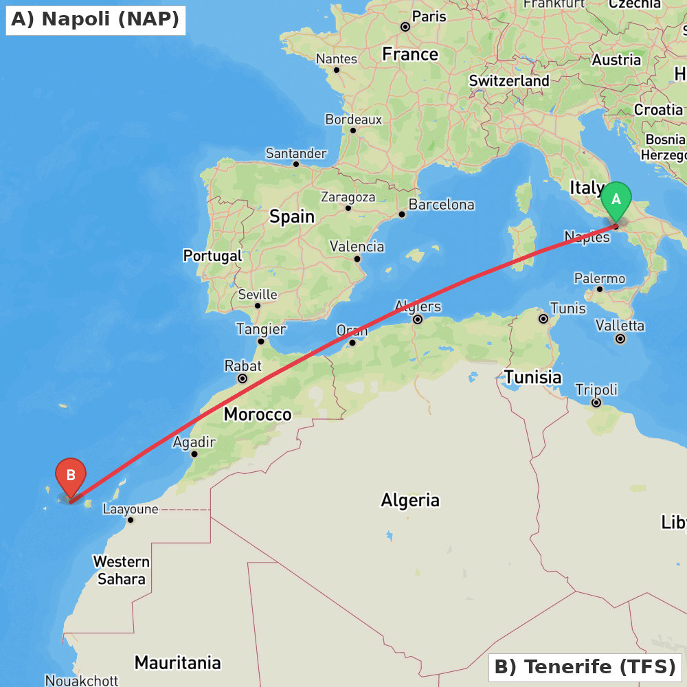 Flight route map from Napoli to Tenerife