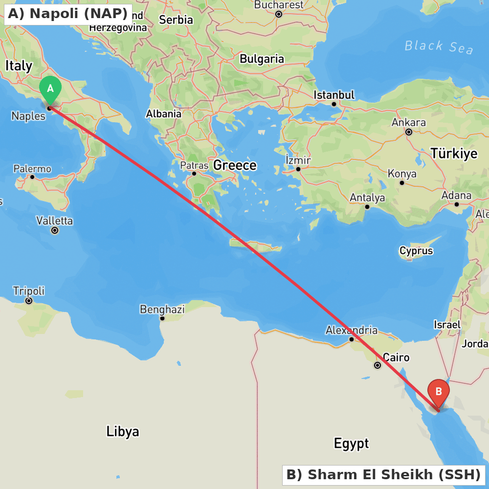 Flight route map from Napoli to Sharm El Sheikh