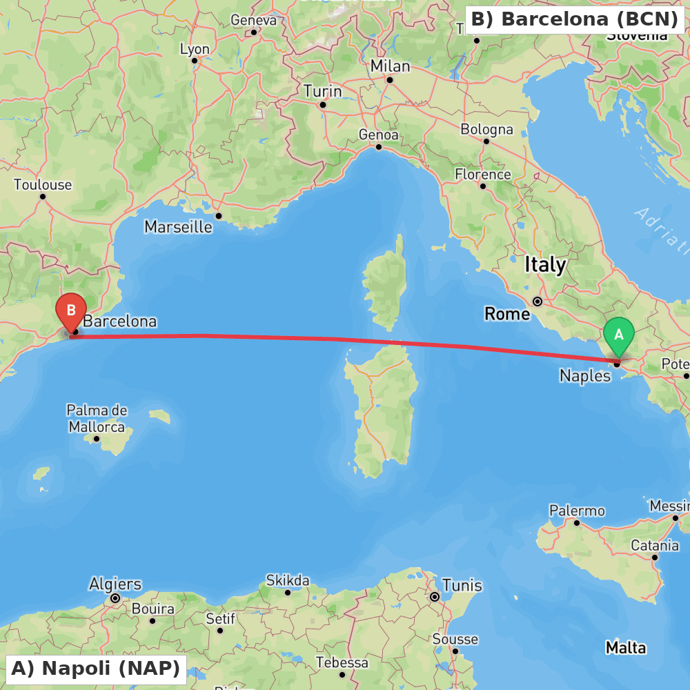 Flight route map from Napoli to Barcelona