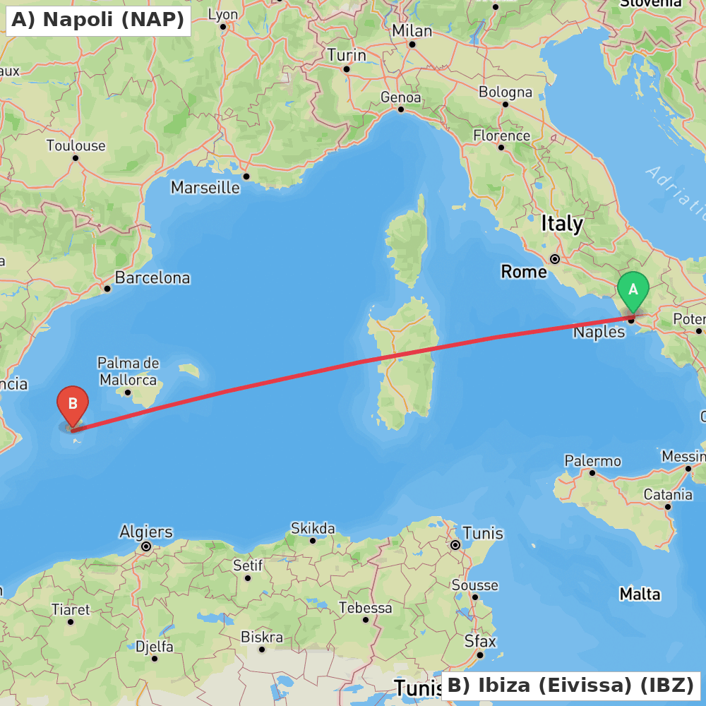 Flight route map from Napoli to Ibiza (Eivissa)
