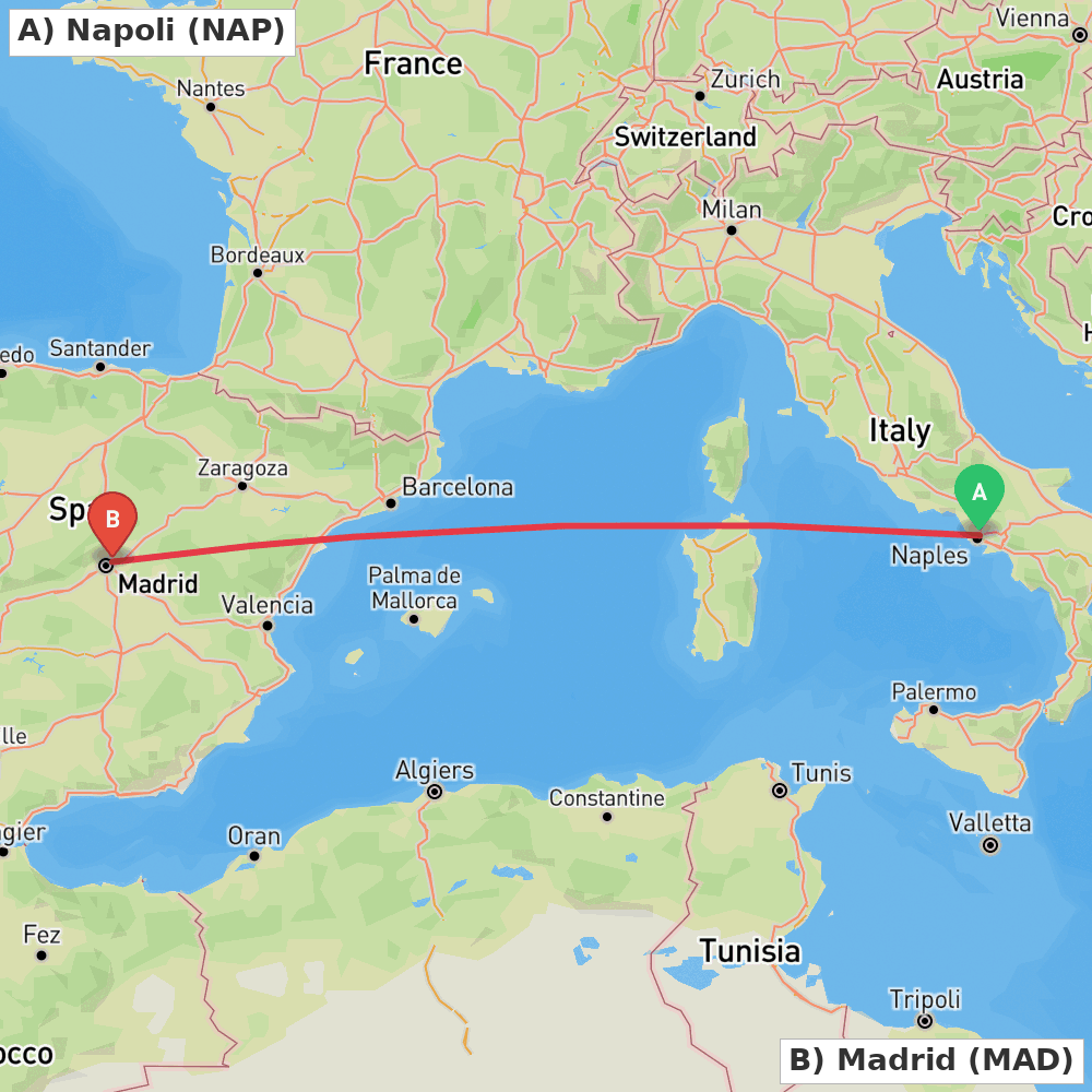 Flight route map from Napoli to Madrid