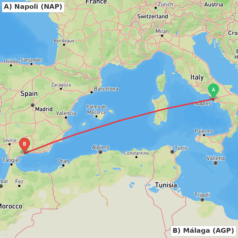 Flight route map from Napoli to Málaga