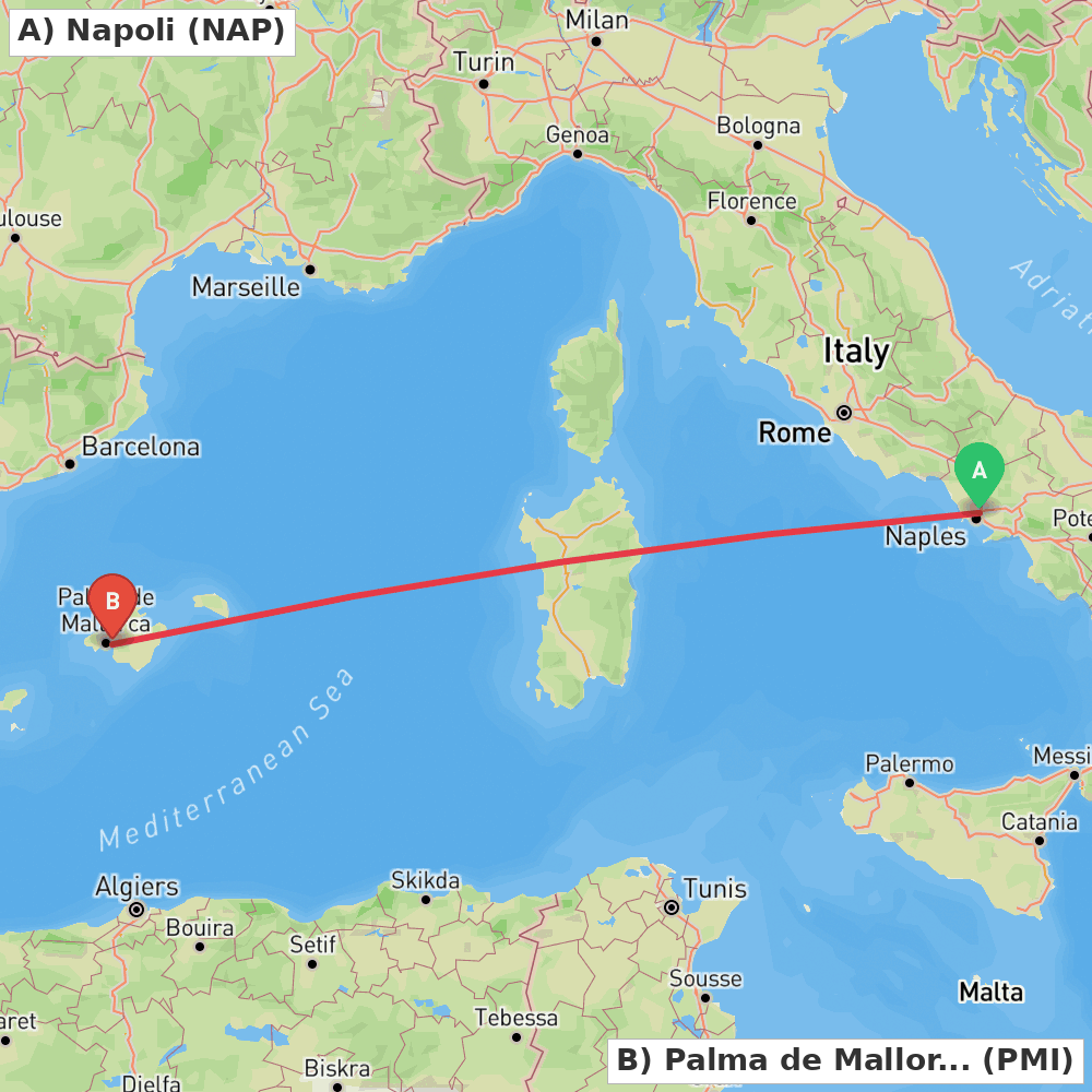 Flight route map from Napoli to Palma de Mallorca