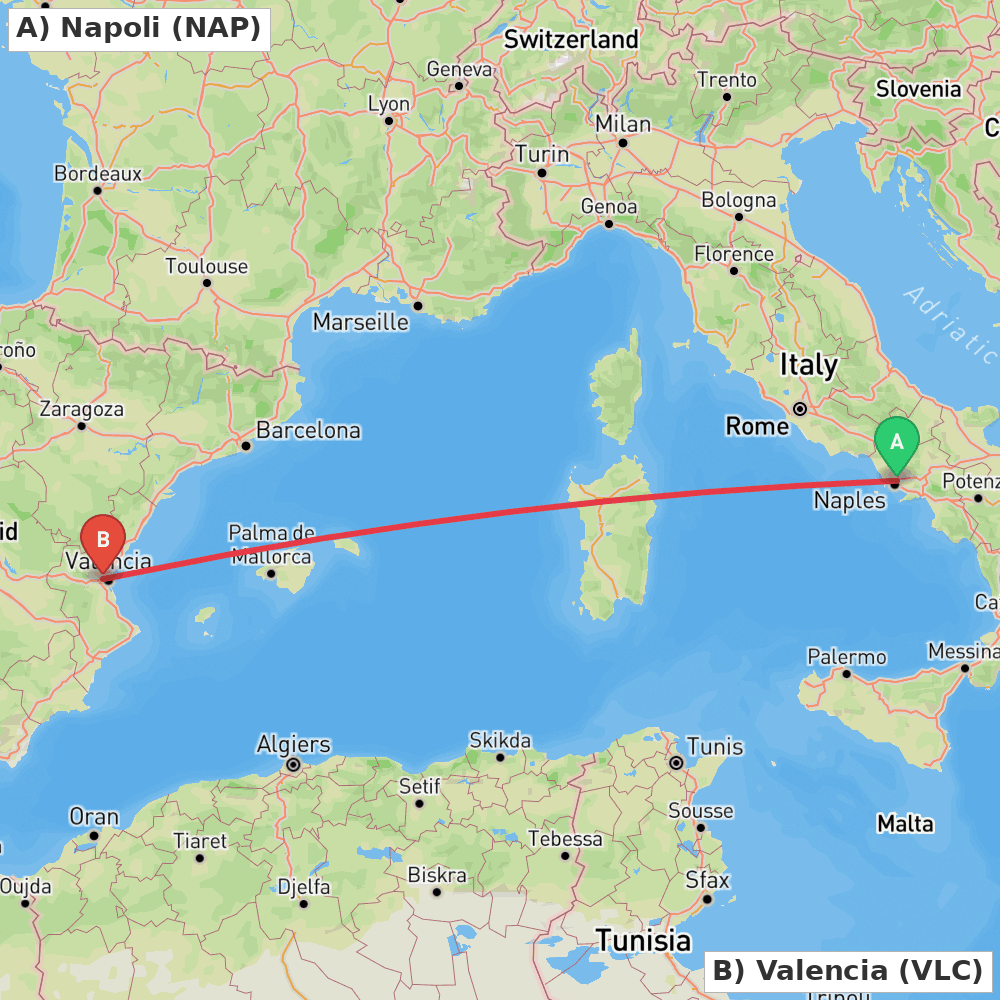 Flight route map from Napoli to Valencia