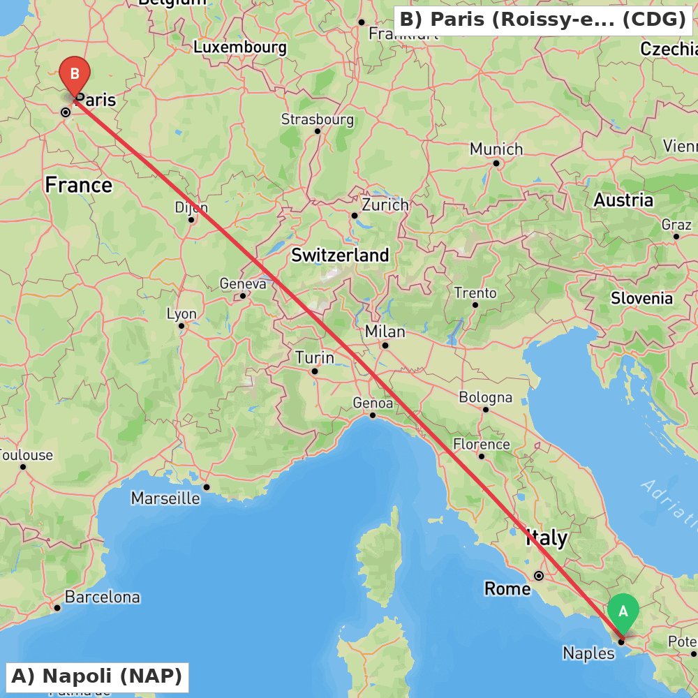 Flight route map from Napoli to Paris (Roissy-en-France, Val-d'Oise)