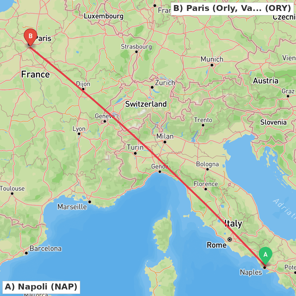 Flight route map from Napoli to Paris (Orly, Val-de-Marne)