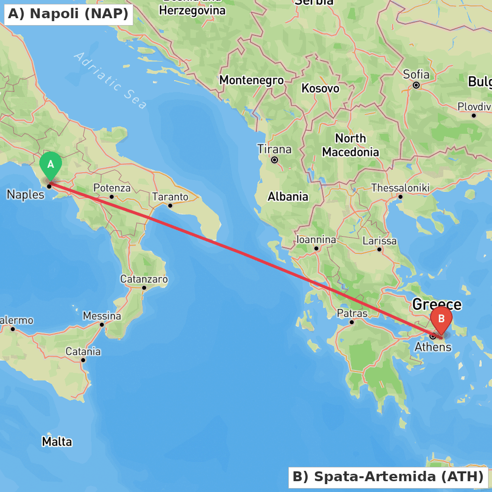 Flight route map from Napoli to Spata-Artemida
