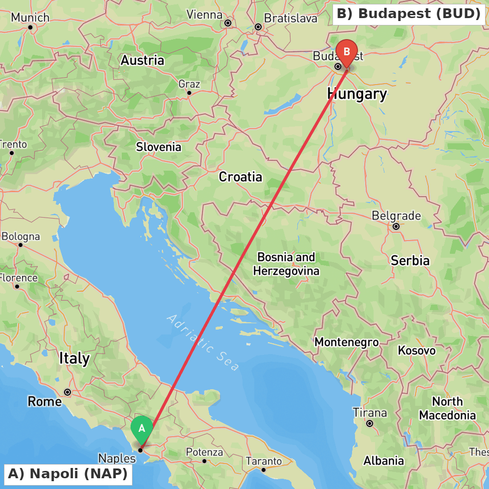 Flight route map from Napoli to Budapest