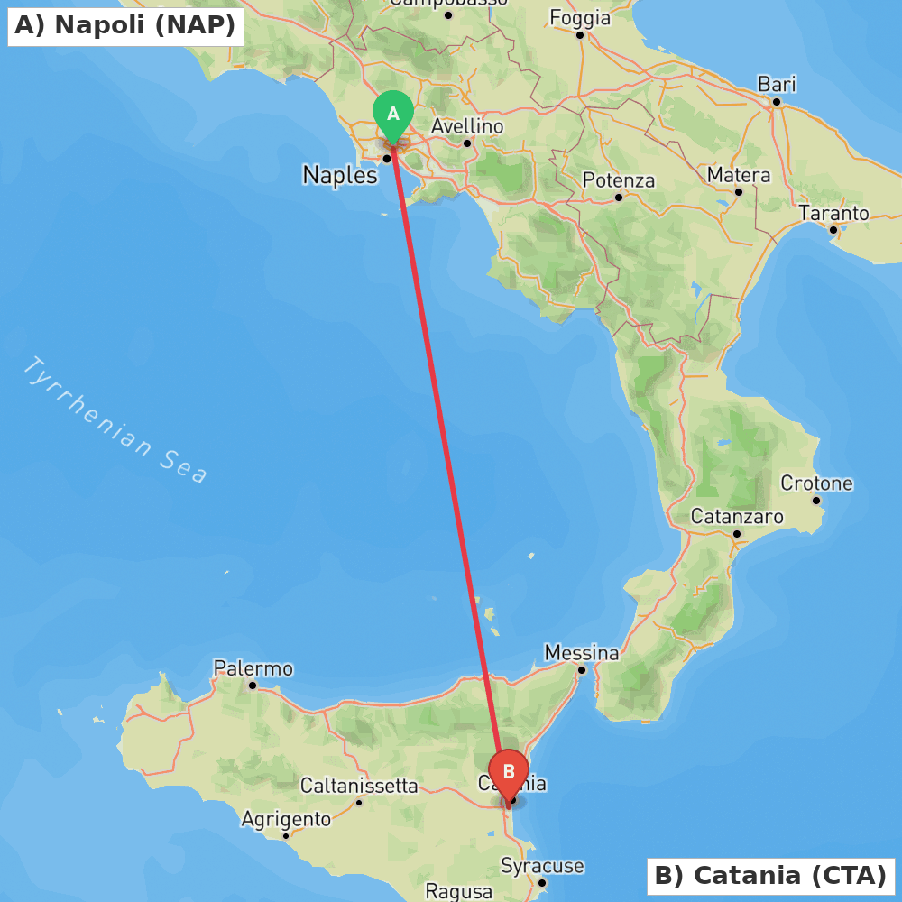 Flight route map from Napoli to Catania