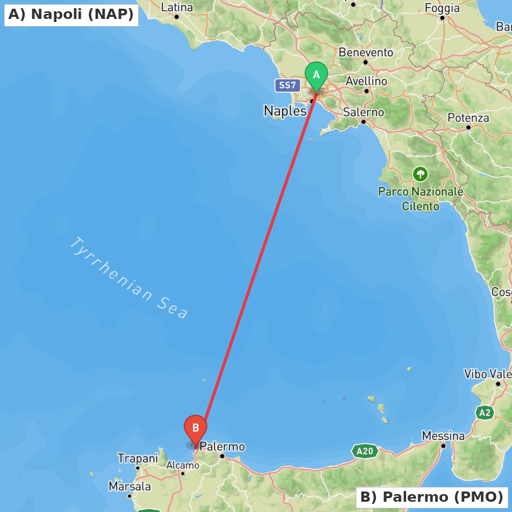 Flight route map from Napoli to Palermo