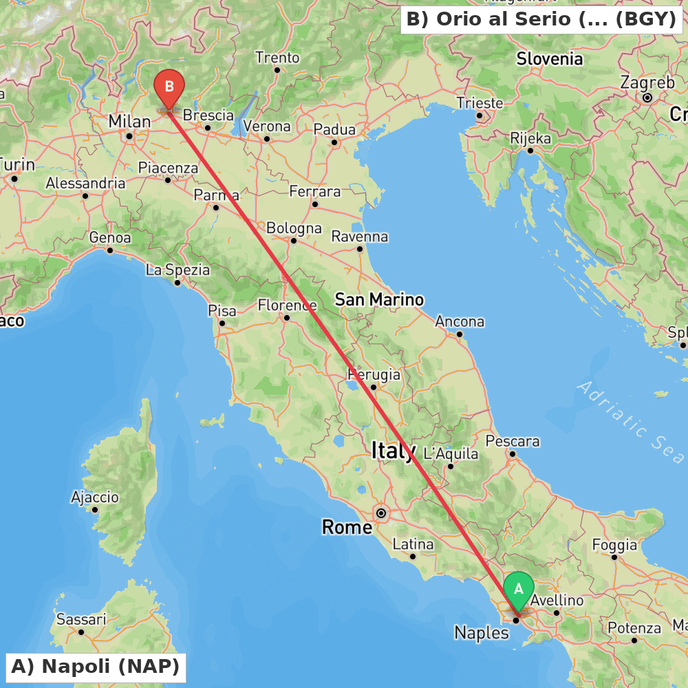 Flight route map from Napoli to Orio al Serio (BG)