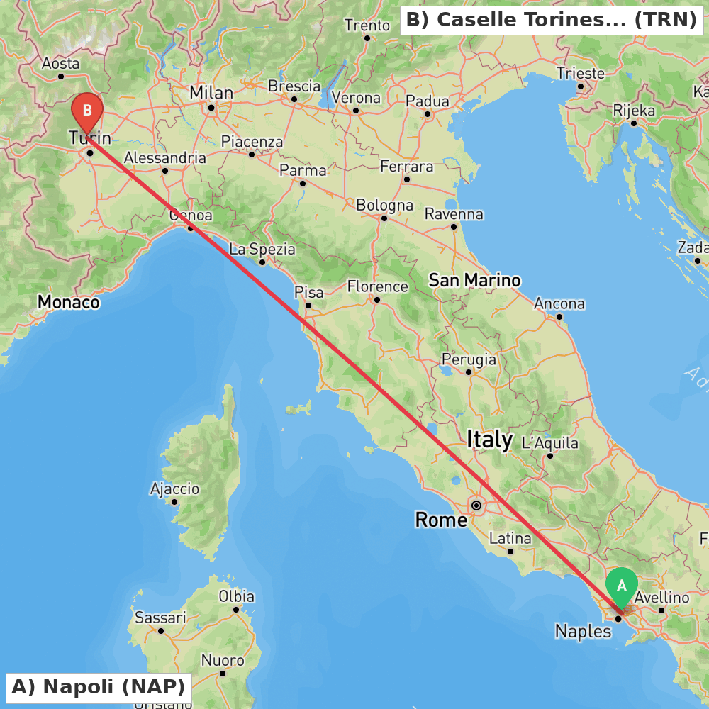 Flight route map from Napoli to Caselle Torinese (TO)
