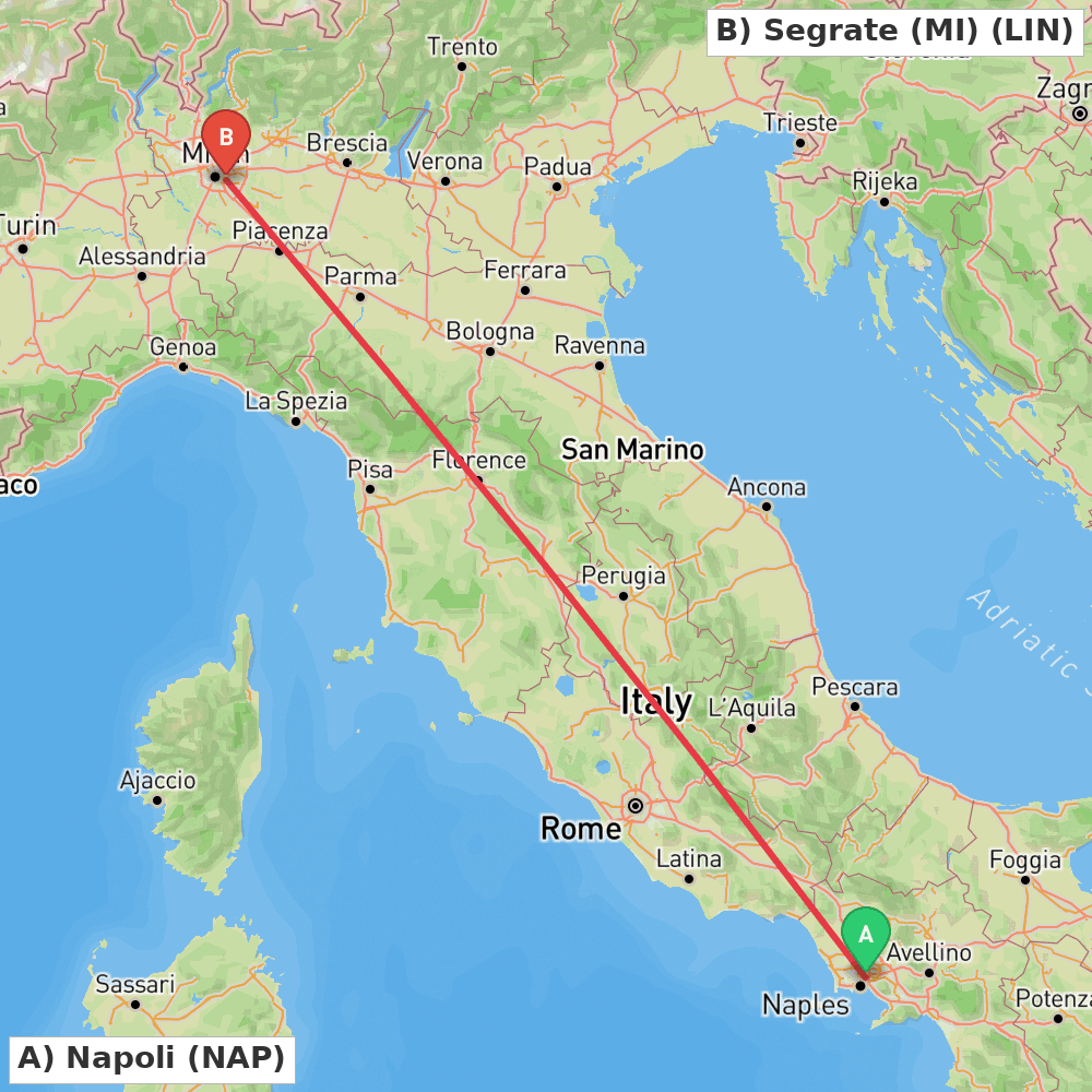 Flight route map from Napoli to Segrate (MI)