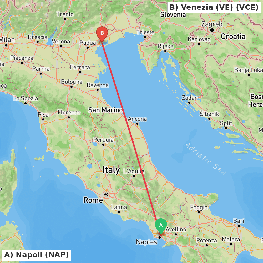 Flight route map from Napoli to Venezia (VE)