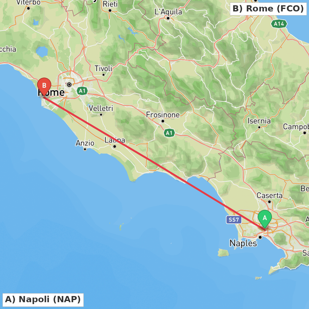 Flight route map from Napoli to Rome