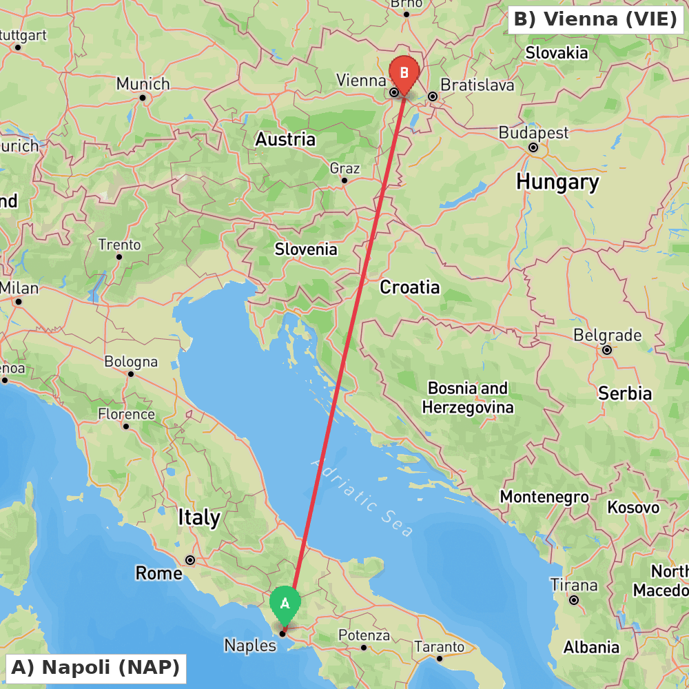 Flight route map from Napoli to Vienna