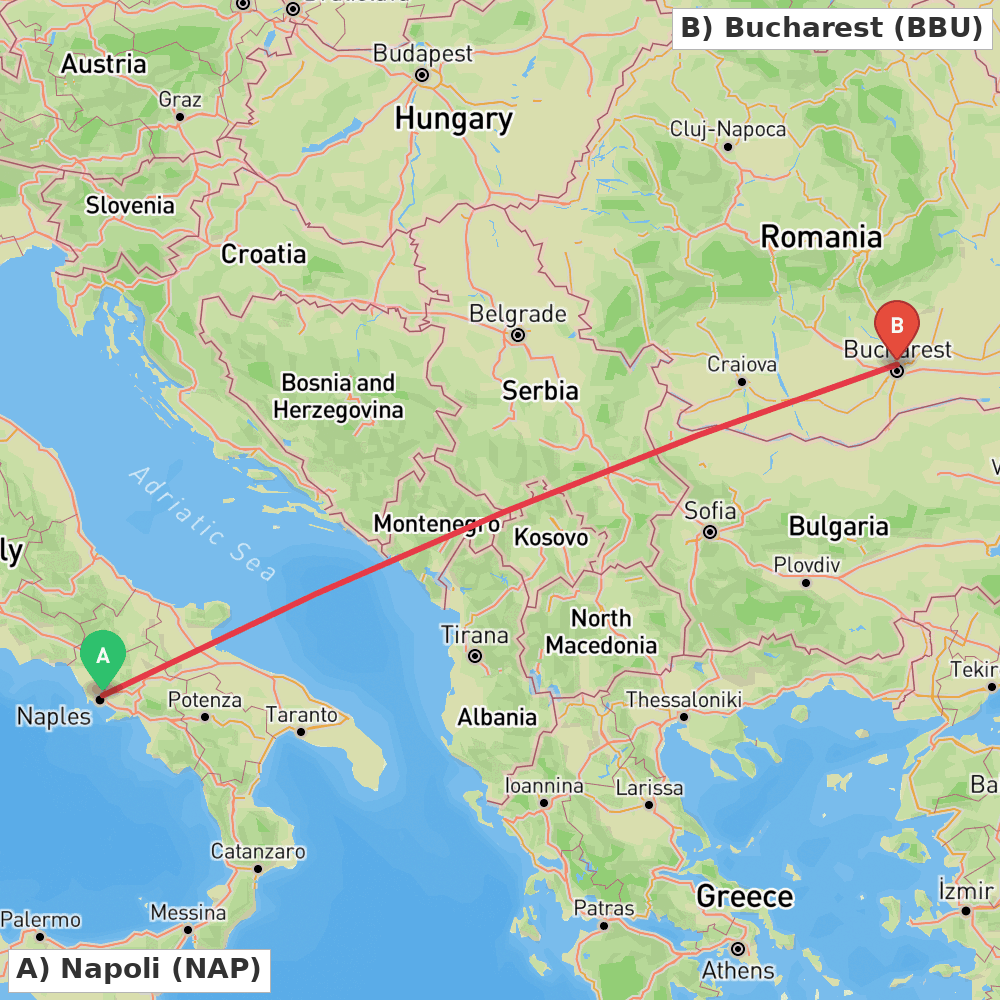Flight route map from Napoli to Bucharest