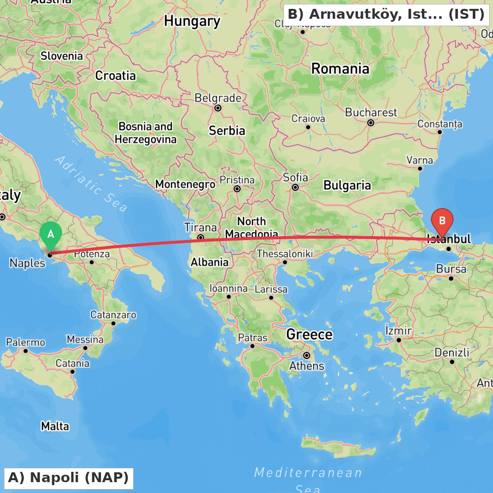 Flight route map from Napoli to Arnavutköy, Istanbul