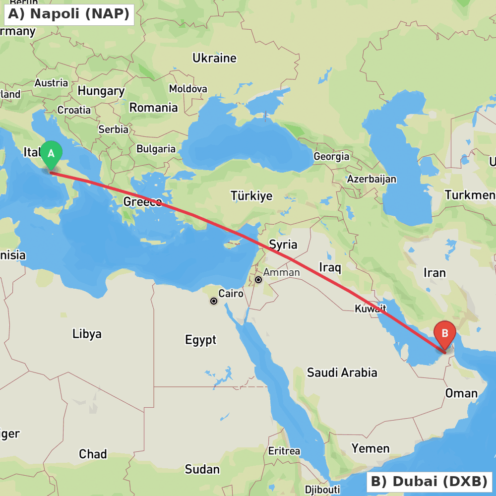 Flight route map from Napoli to Dubai