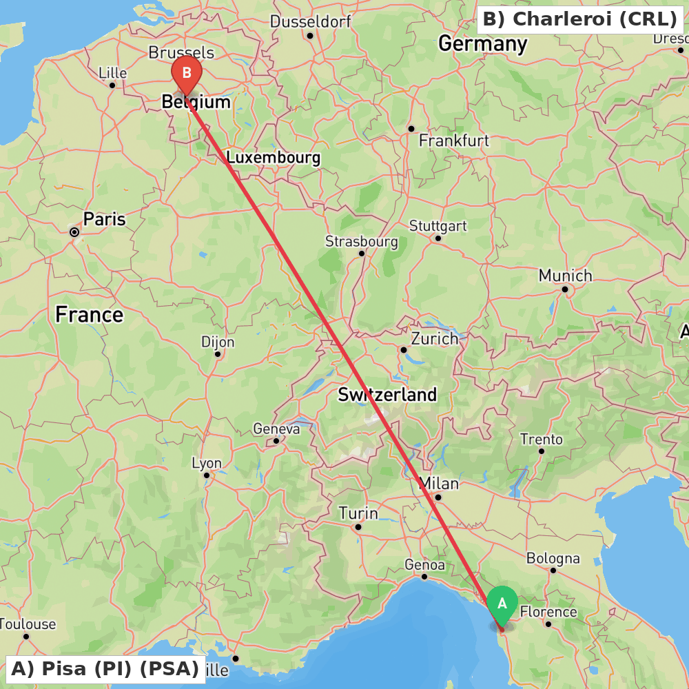 Flight route map from Pisa (PI) to Charleroi