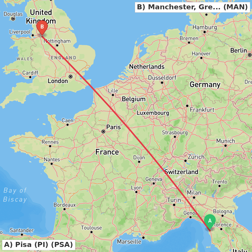 Flight route map from Pisa (PI) to Manchester, Greater Manchester