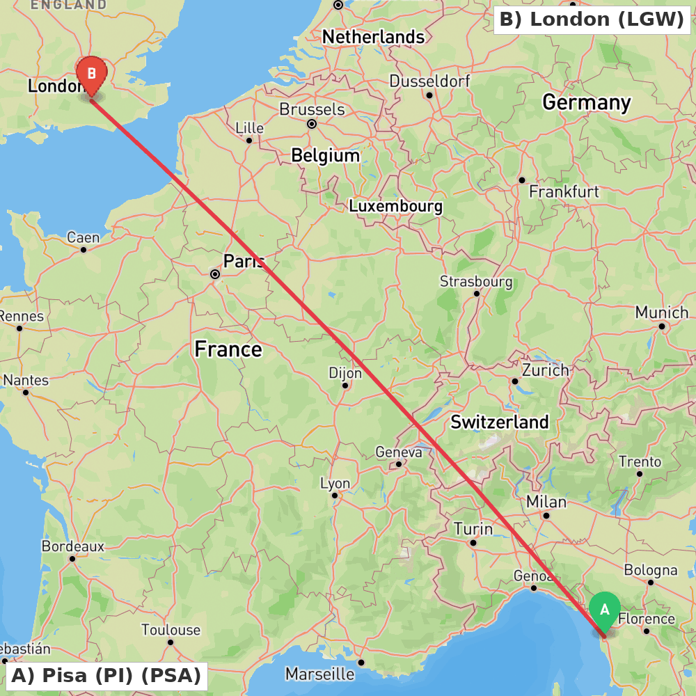 Flight route map from Pisa (PI) to London