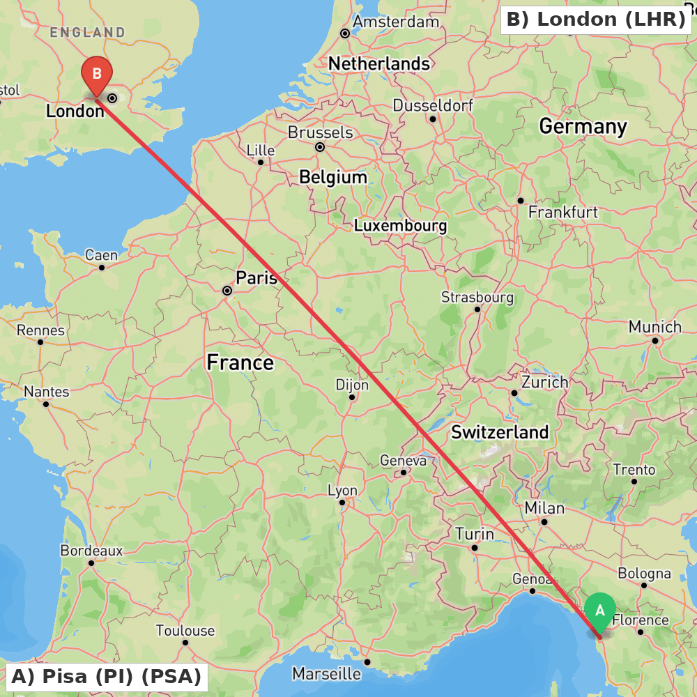 Flight route map from Pisa (PI) to London