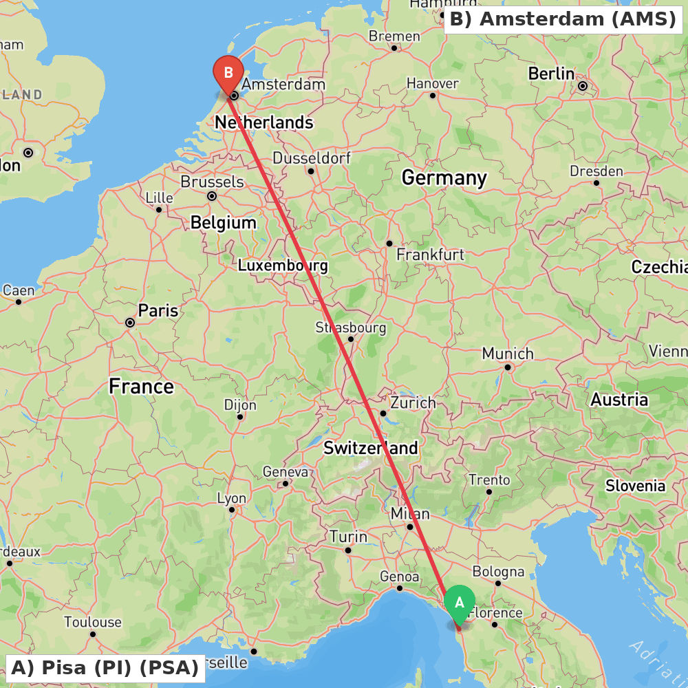 Flight route map from Pisa (PI) to Amsterdam