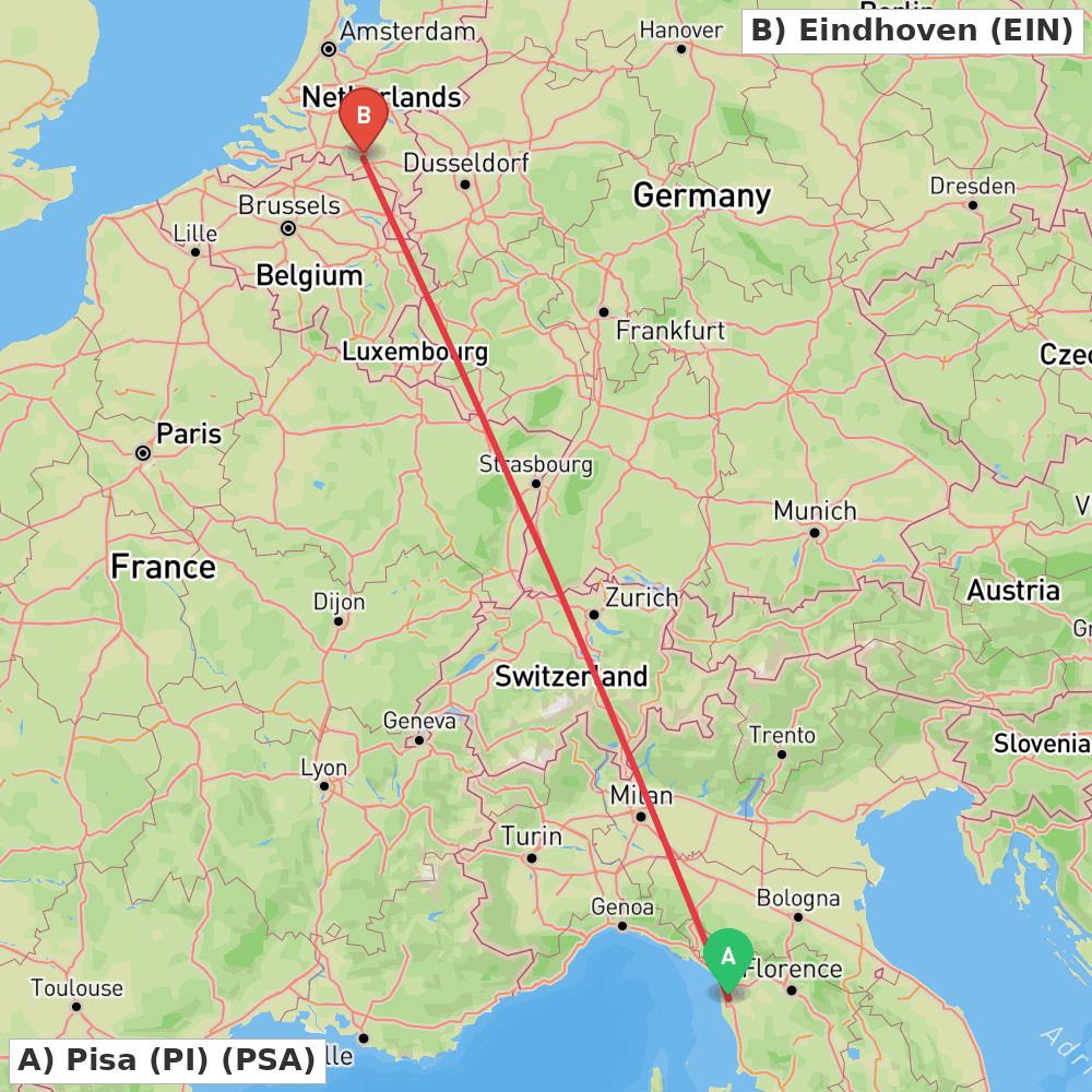 Flight route map from Pisa (PI) to Eindhoven
